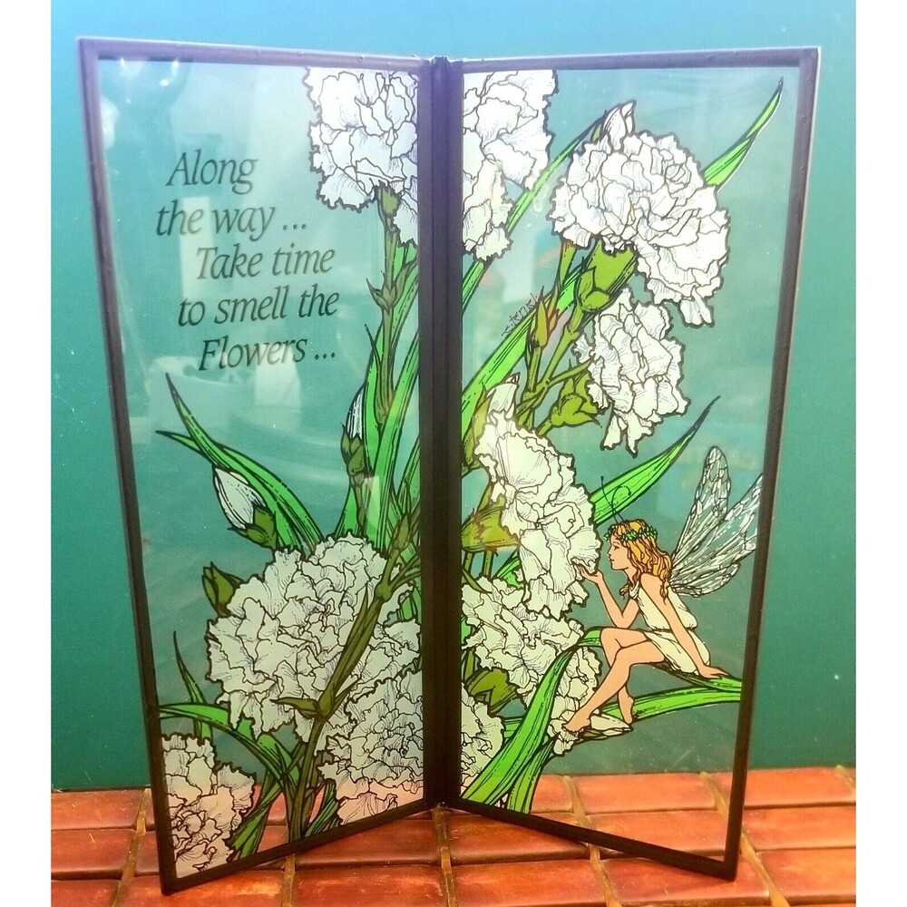 Vintage Fairy Seriglass Suncatcher "Take Time To  Smell The Flowers" Yorkcraft